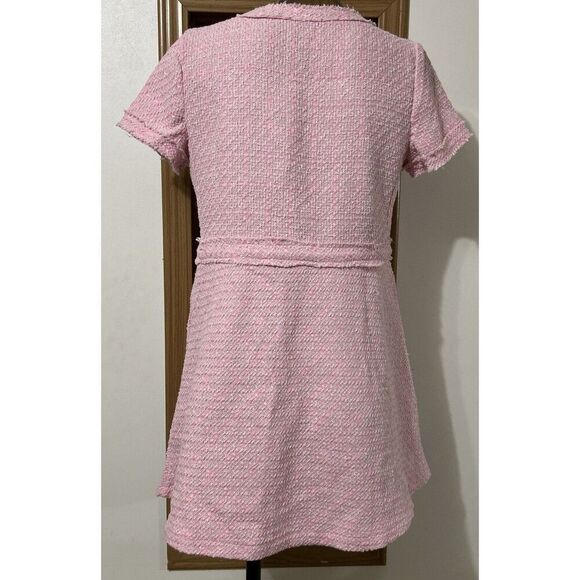 Textured Mini Dress Women’s Medium Pink A-line Buttons Fringe Frayed Faux - Picture 3 of 9